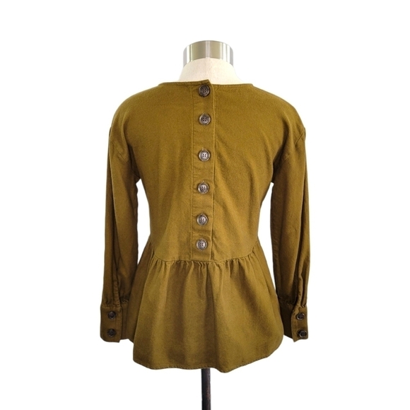 Madewell Flannel Button-Back Peplum Long Sleeve Top Size XXS Olive Green/Brown - Picture 3 of 8